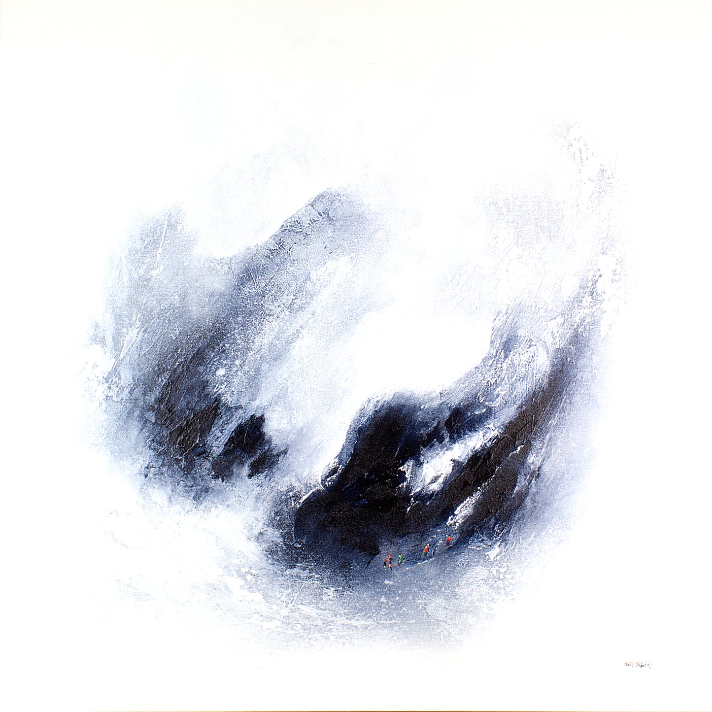 Echo Valley sublime landscape painting of grey tones on a white ground. Populated by a tiny group of hikers in colourful outdoor clothing.