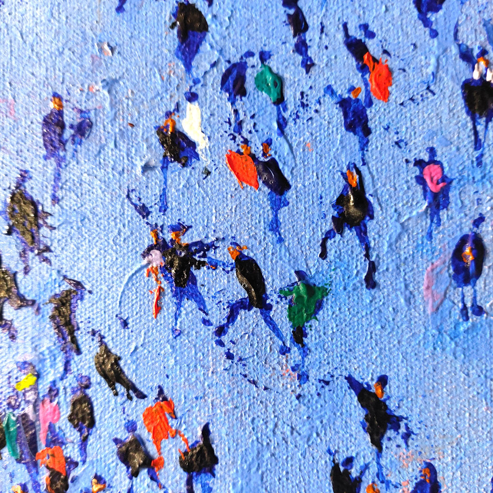 Detail of abstract artwork, titled End of Term, with small figures on a blue background