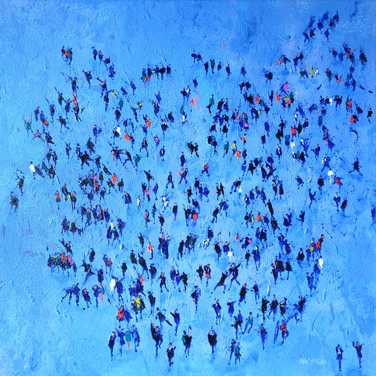 Artistic depiction, on a blue background, of a crowd of school kids making a dash for the school gates.