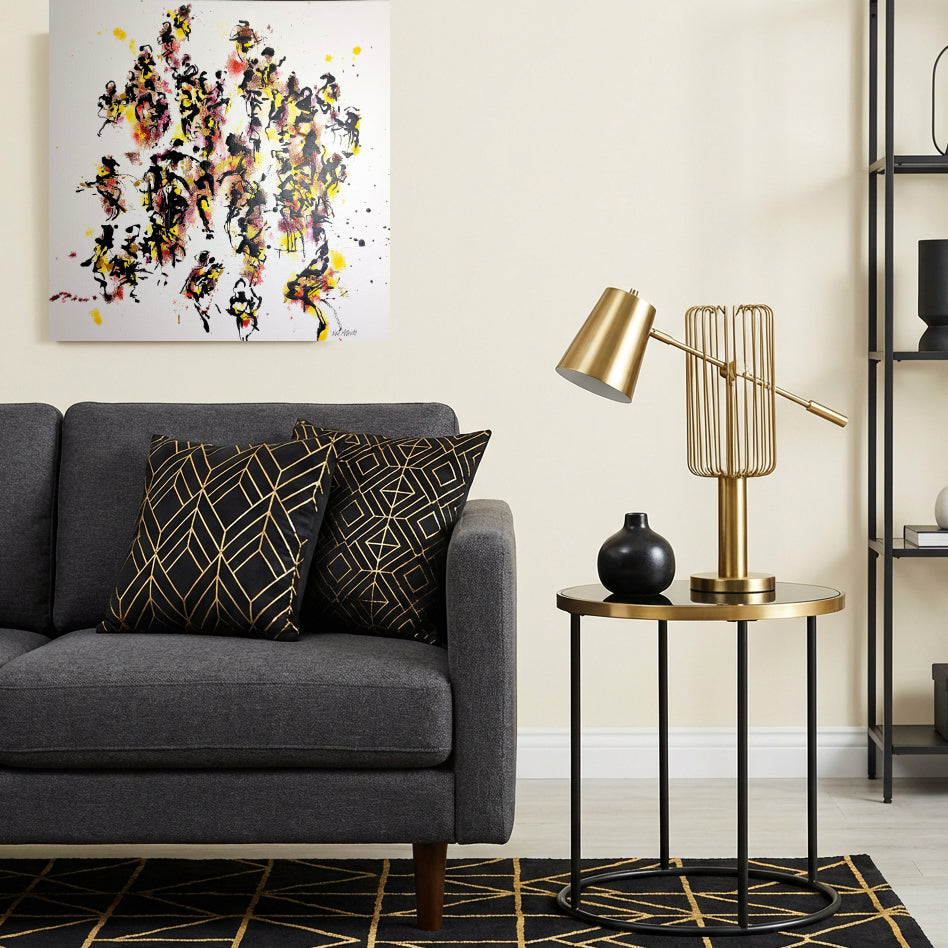 Hedonistic Dance art displayed in a modern gold and black interior.
