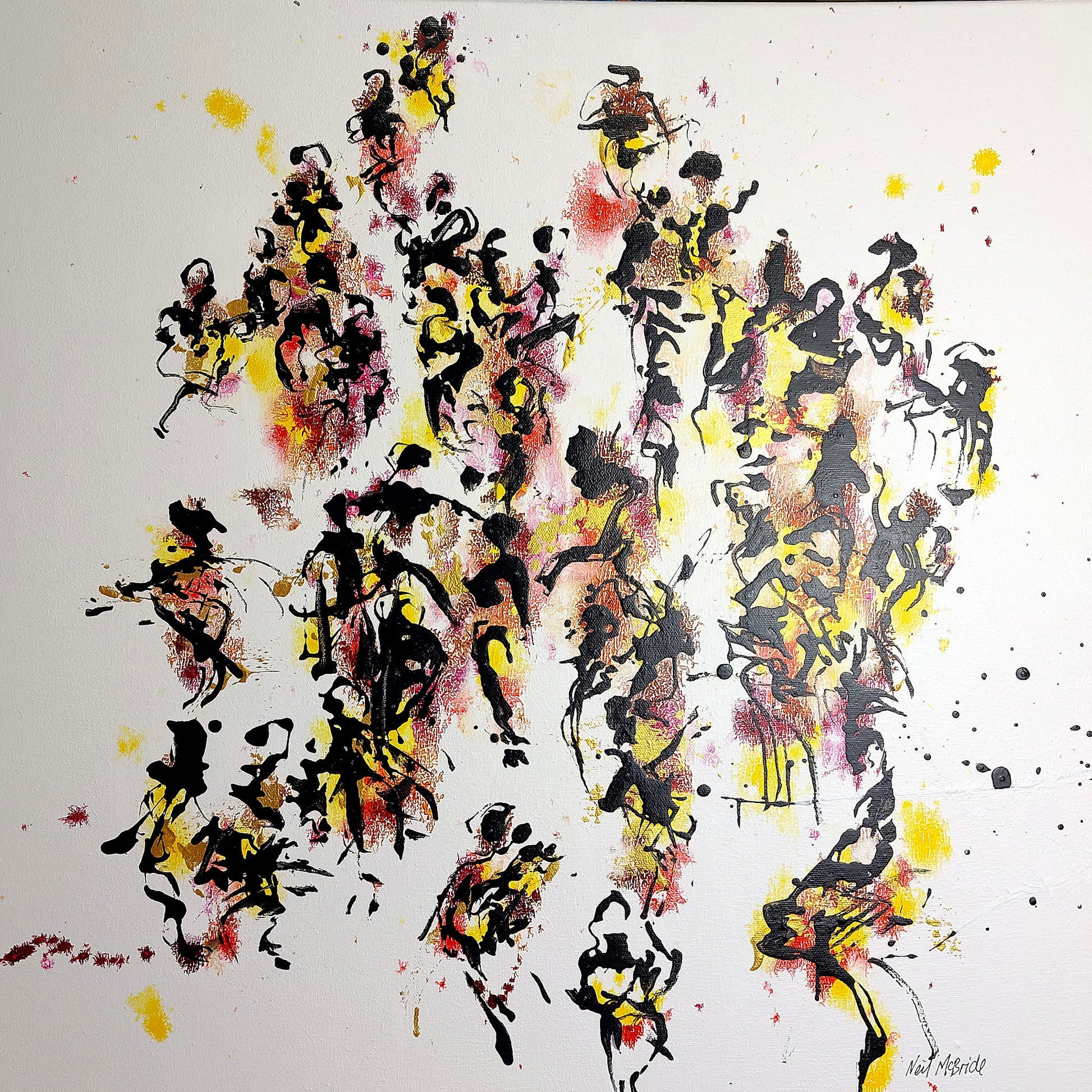 Abstract artwork with black, yellow, gold and red figures on a white background. A hedonistic expression of dance.