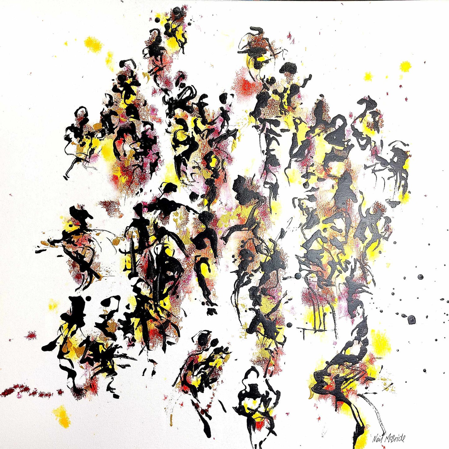 Abstract artwork with black, yellow, gold and red figures on a white background. A hedonistic expression of dance.