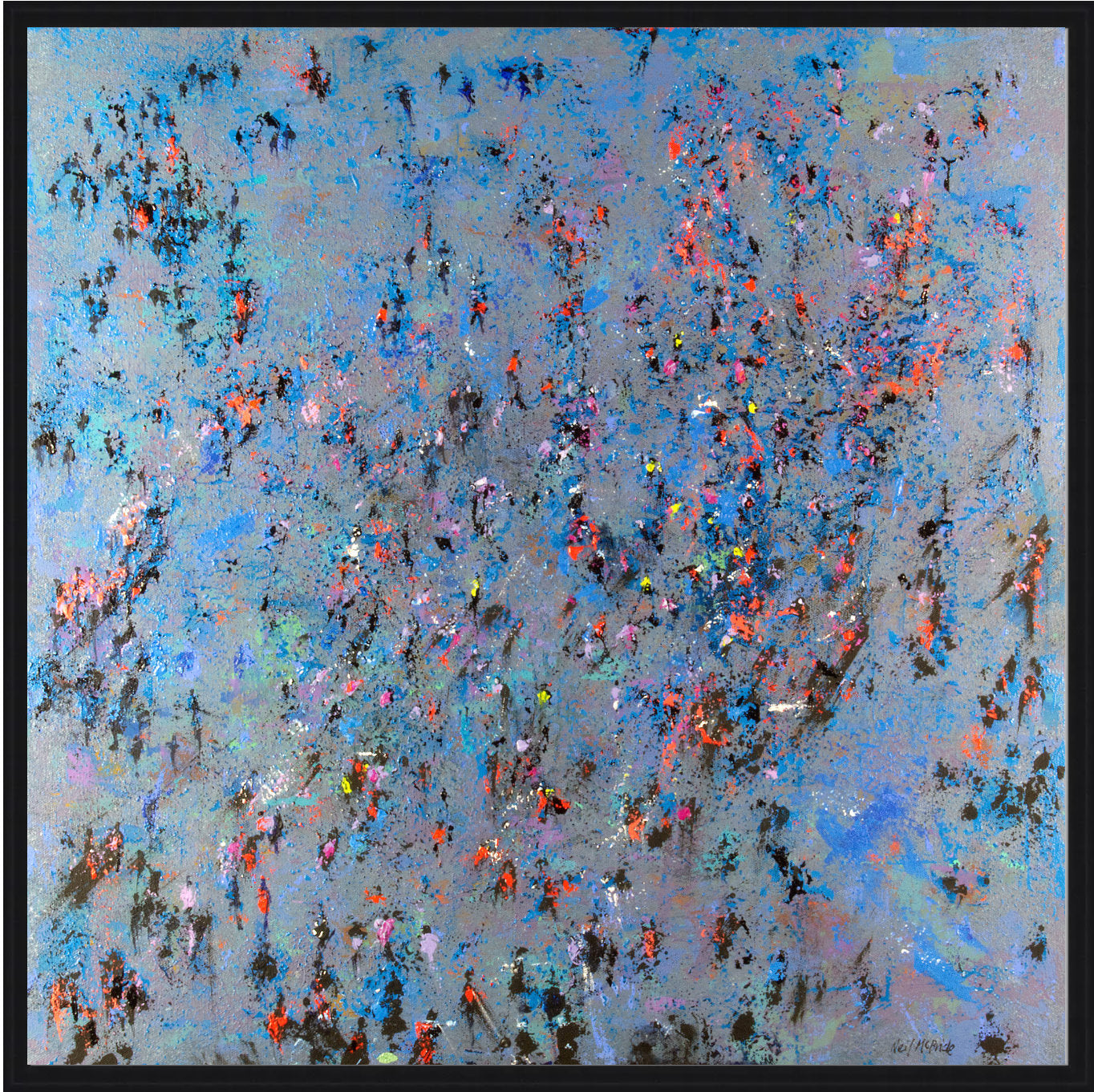 Black float framed abstract artwork with colourful splashes on a light blue background