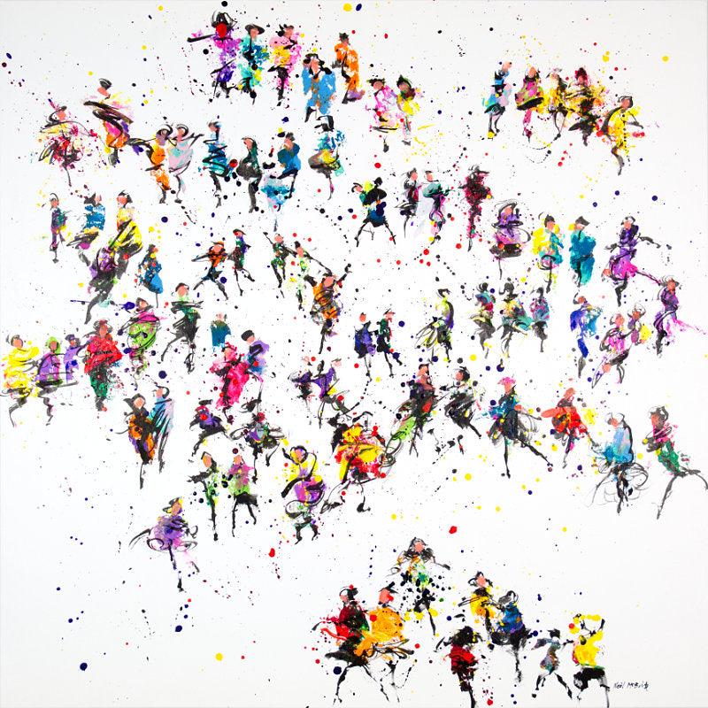 Latin Dance. Original dancing themed painting on canvas capturing the essence of a  troupe of brightly coloured dancers in costume.