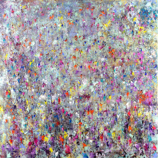 Abstract crowd artwork with a multitude of colourful people emerging from a textured background by Neil McBride art
