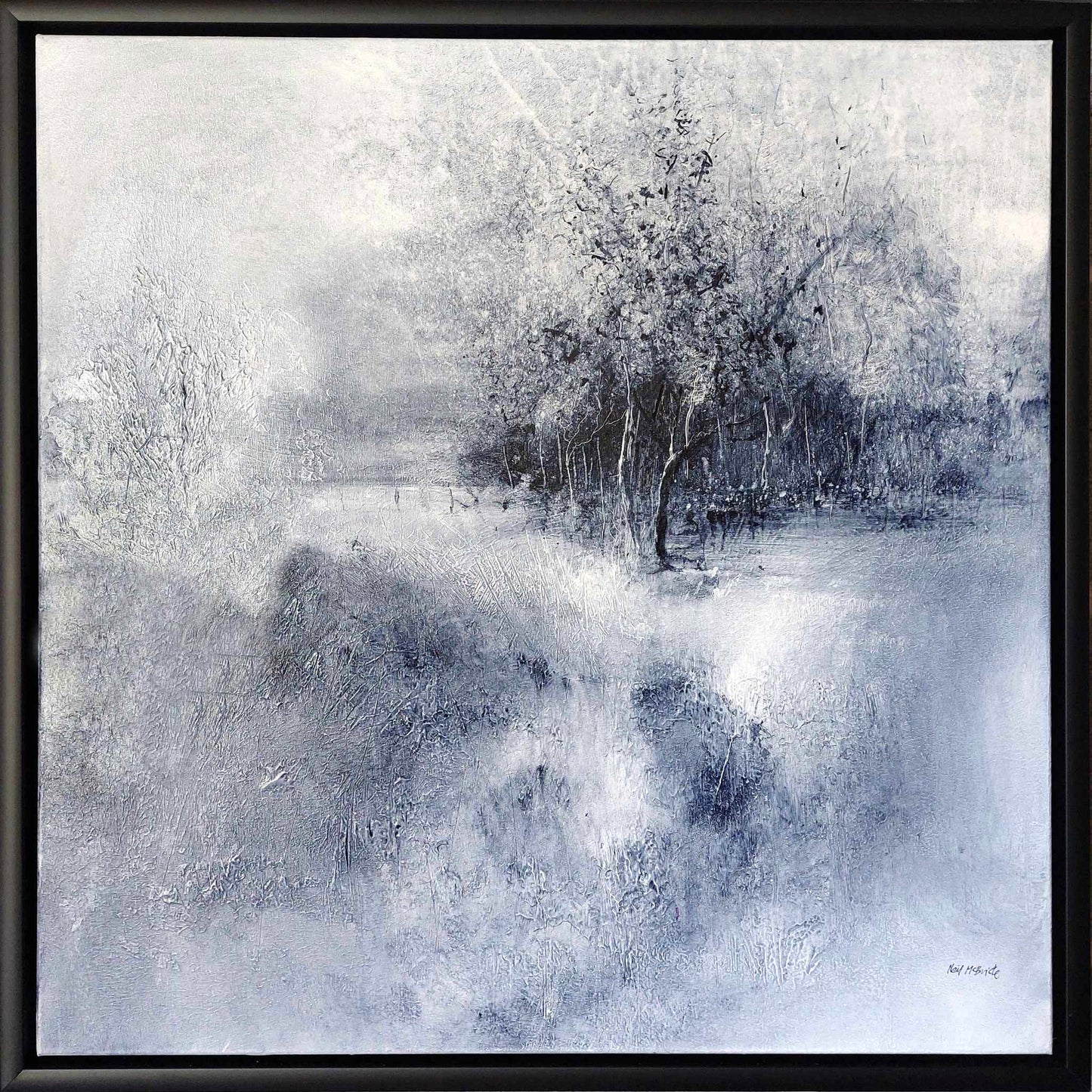 Abstract landscape painting with blue and grey tones, featuring trees and a misty atmosphere. Set in a black tray frame. © Neil McBride 2026