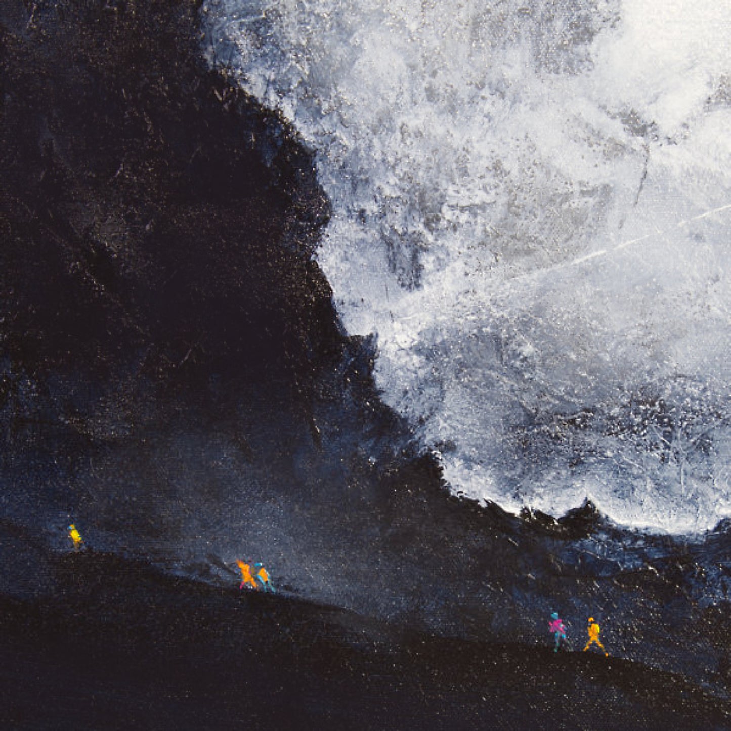 Detail of a artistic depiction of a landscape with people at its base. © Neil McBride 2026