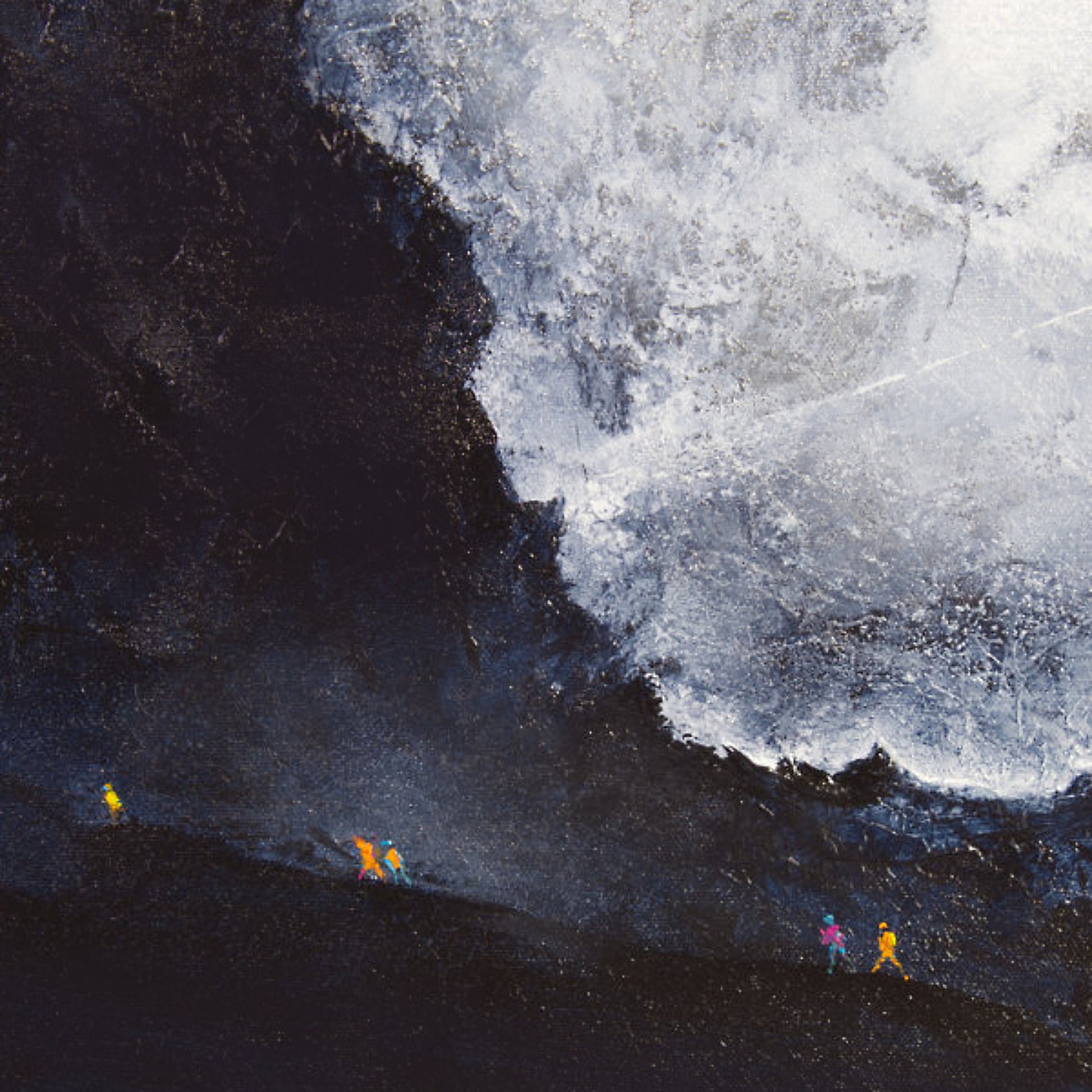 Detail of a artistic depiction of a landscape with people at its base. © Neil McBride 2026