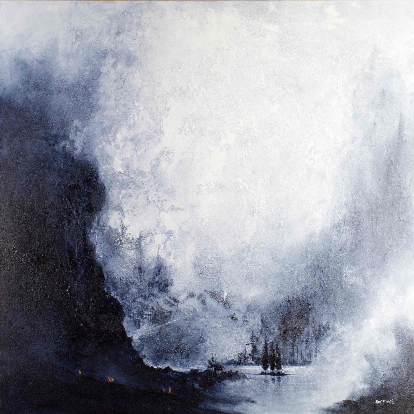 Unframed monochrome artwork of a mountain landscape with a lake, trees and a tiny group of walkers traversing the landscape in the bottom left of the painting. © Neil McBride 2026