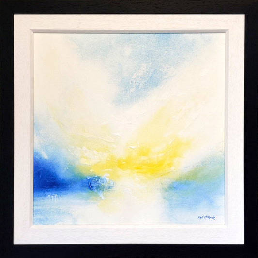 Sunburst. Framed abstract artwork with blue and yellow hues. © Neil McBride 2026