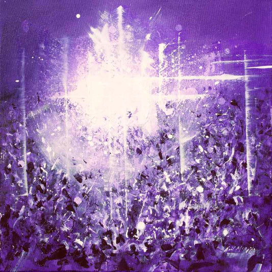 Violet Vibe is a 60 centimetre original painting on canvas featuring a crowd o purple coloured people dancing in a nightclub with strong lighting.