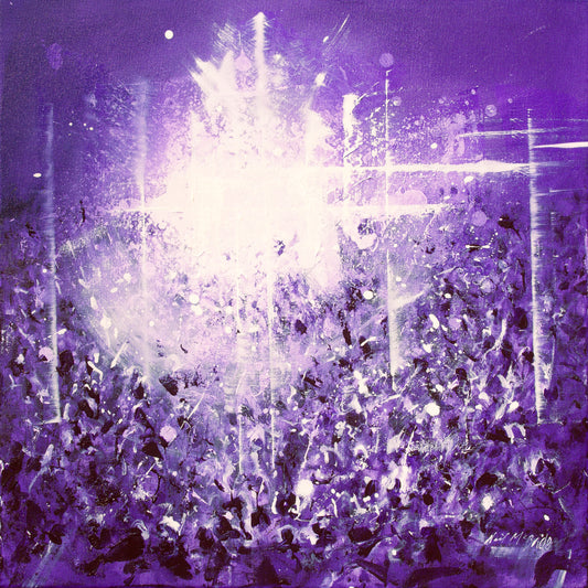 Violet Vibe is a 60 centimetre original abstract painting on canvas featuring a crowd of purple coloured people dancing in a nightclub with strong lighting and a dark background.  © Neil McBride 2026