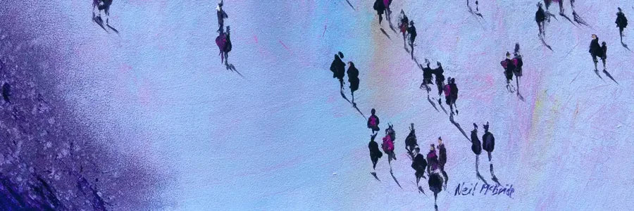 Crowd of people on a purple coloured ground viewed from above by Neil McBride Art