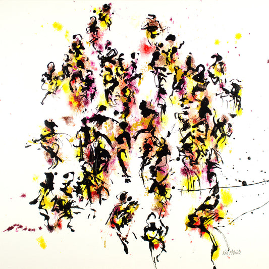 Hedonistic, abstract artwork with colourful figures in black, gold and red on a white background