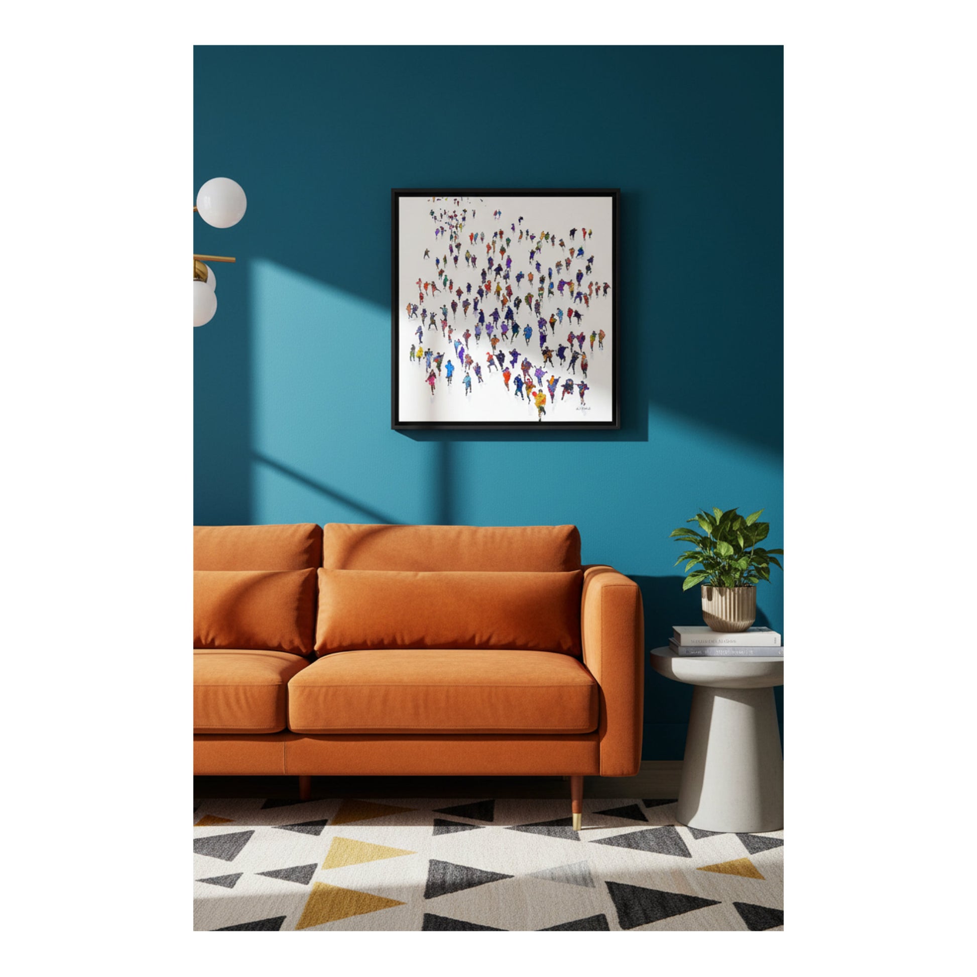 Breakout — original painting of a happy crowd of colourful dressed people running towards you. © Neil McBride 2026