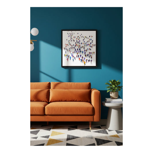 Breakout — original painting of a happy crowd of colourful dressed people running towards you. © Neil McBride 2026