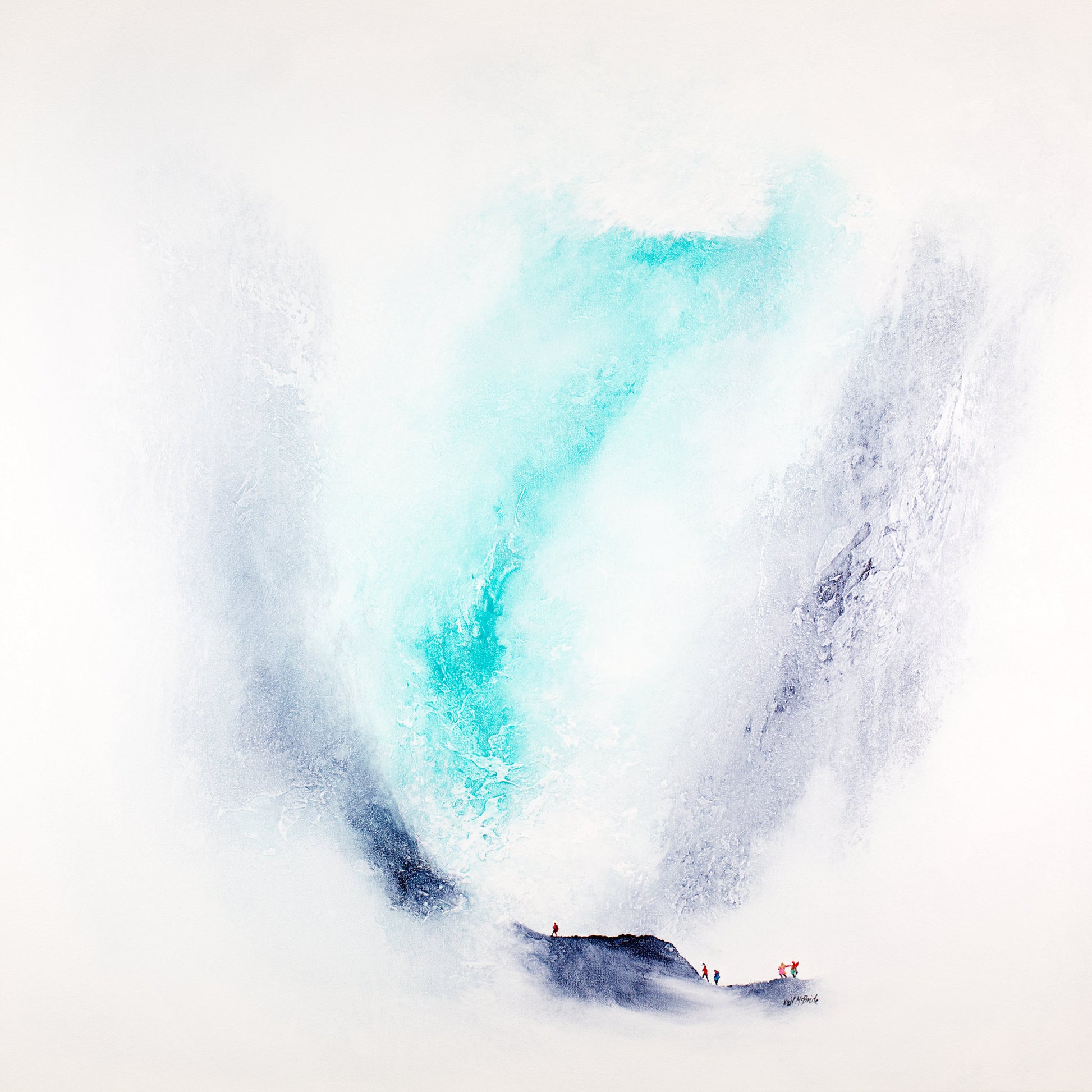 Do you see a person snowboarding down a snowy mountain with a blue sky and clouds or do you see five people traversing a mountain ridge at the foot of a misty landscape? © Neil McBride Art 2026