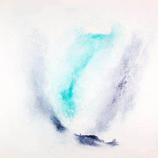 Do you see a person snowboarding down a snowy mountain with a blue sky and clouds or do you see five people traversing a mountain ridge at the foot of a misty landscape? © Neil McBride Art 2026