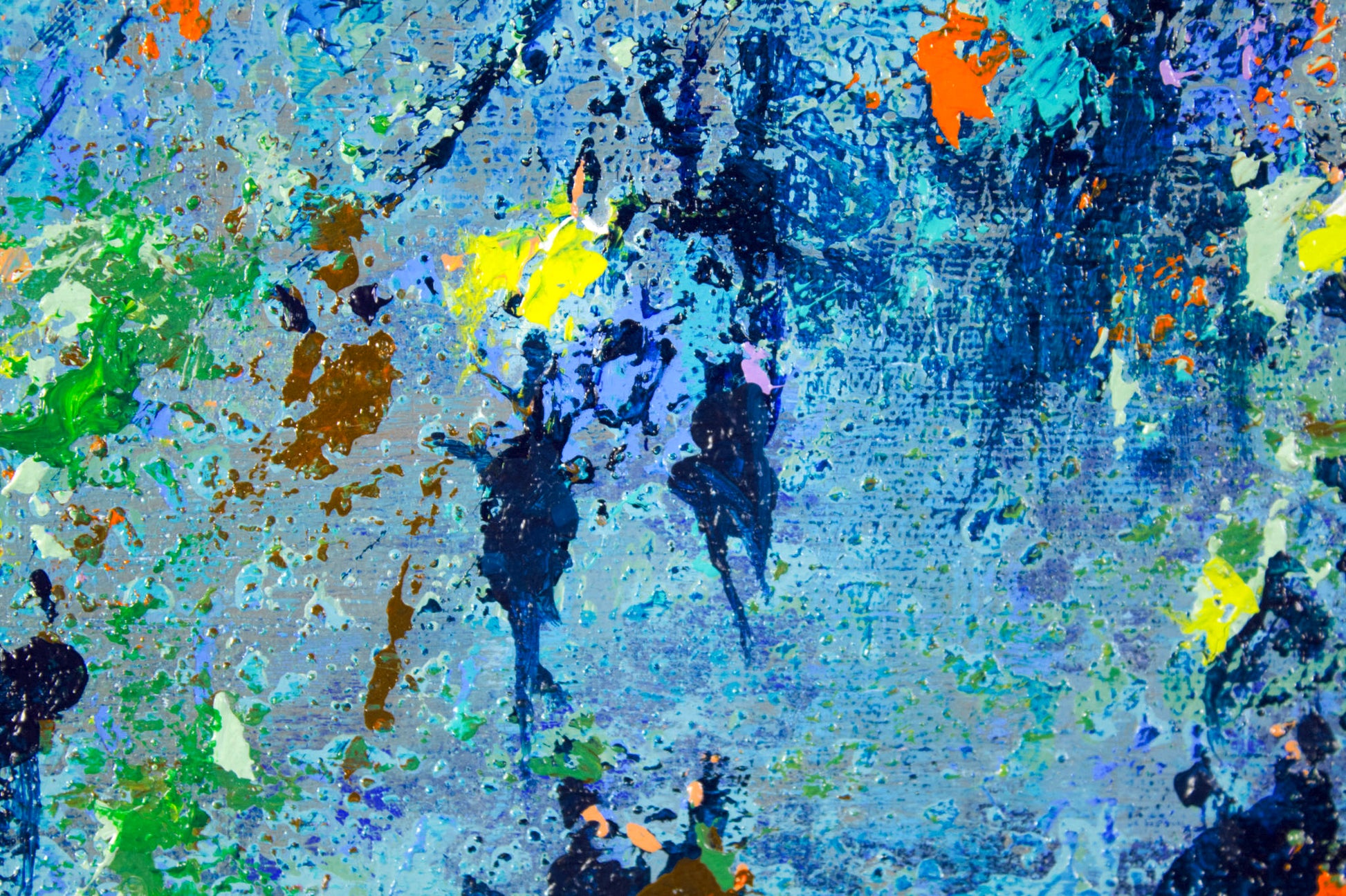Detail of abstract expressionism artwork with splashes of blue, green, yellow, and orange on a textured background. A harmonius crowd of people made of close value colours.