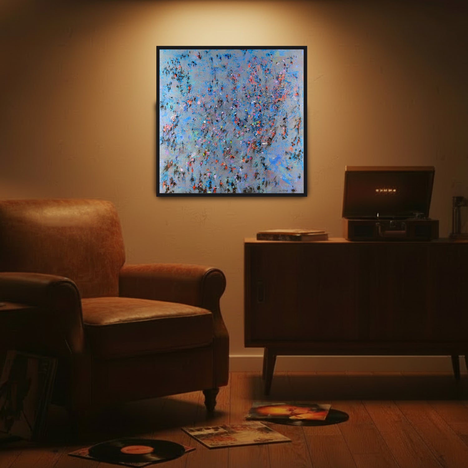 Kind of Blue, jazz inspired painting on the contrasting coloured wall of a snug study.