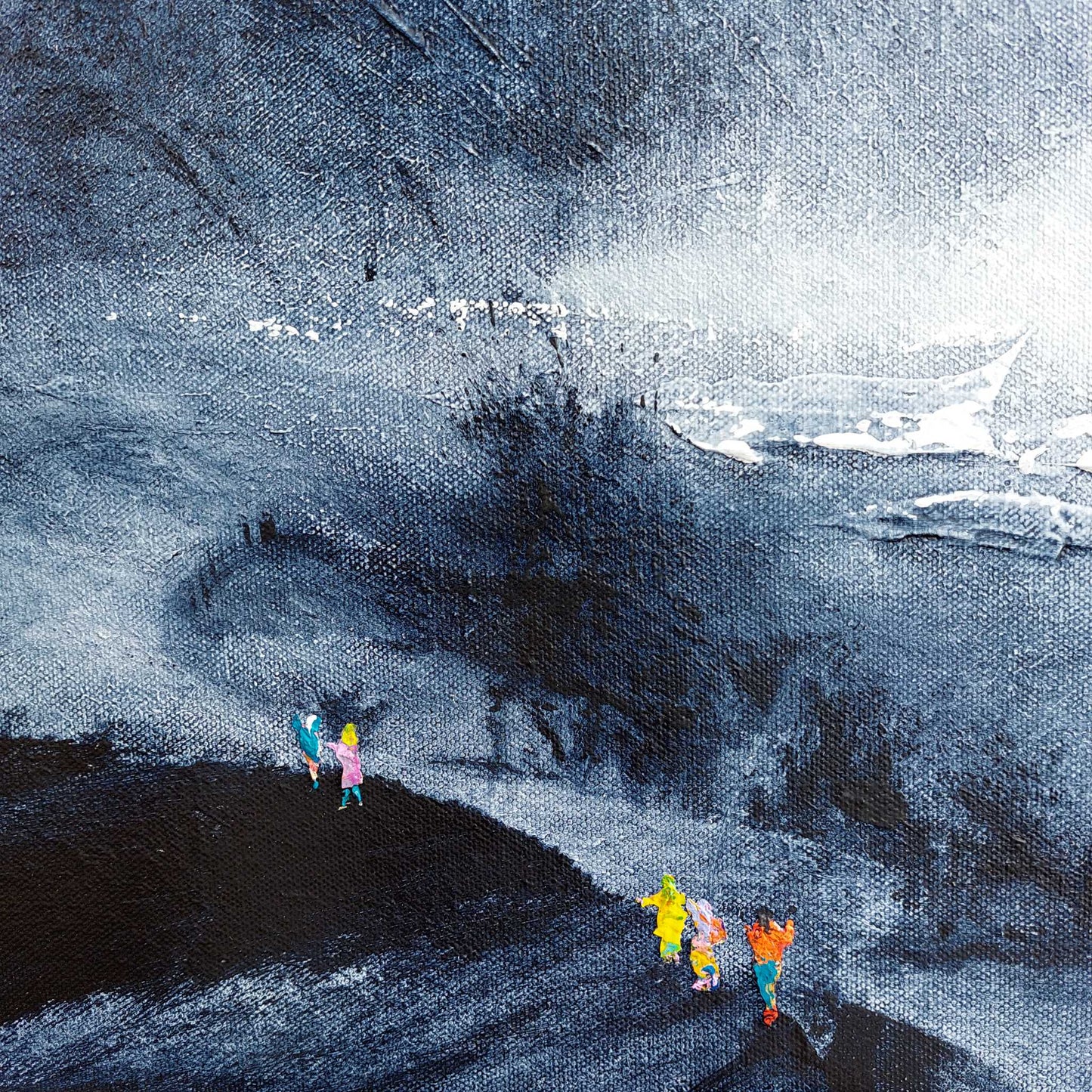 Artistic depiction of people walking on a snowy landscape with a dark cave entrance. Detail of the larger Looks Like Snow painting by Neil McBride
