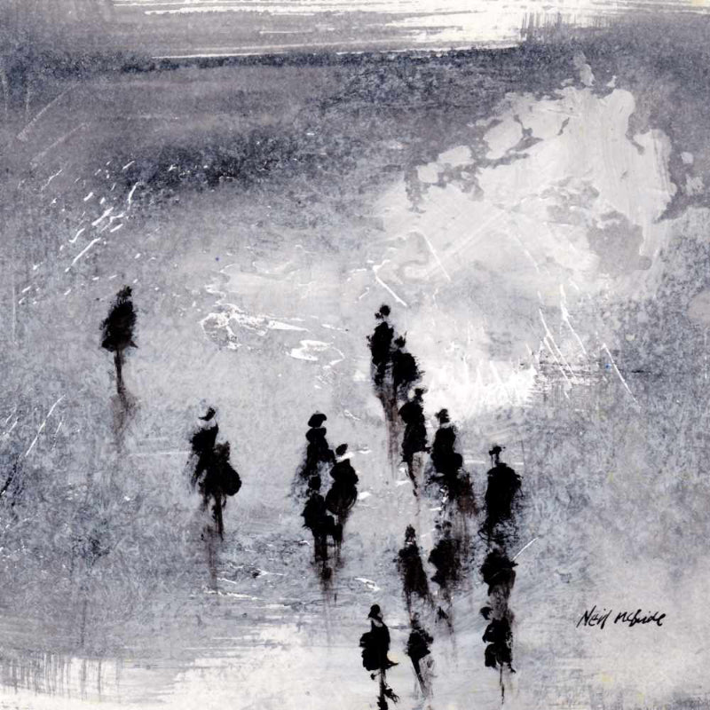 New Horizons small original acrylic painting of a  small group of people in an expansive landscape by artist Neil McBride. © Neil Mcbride 2023