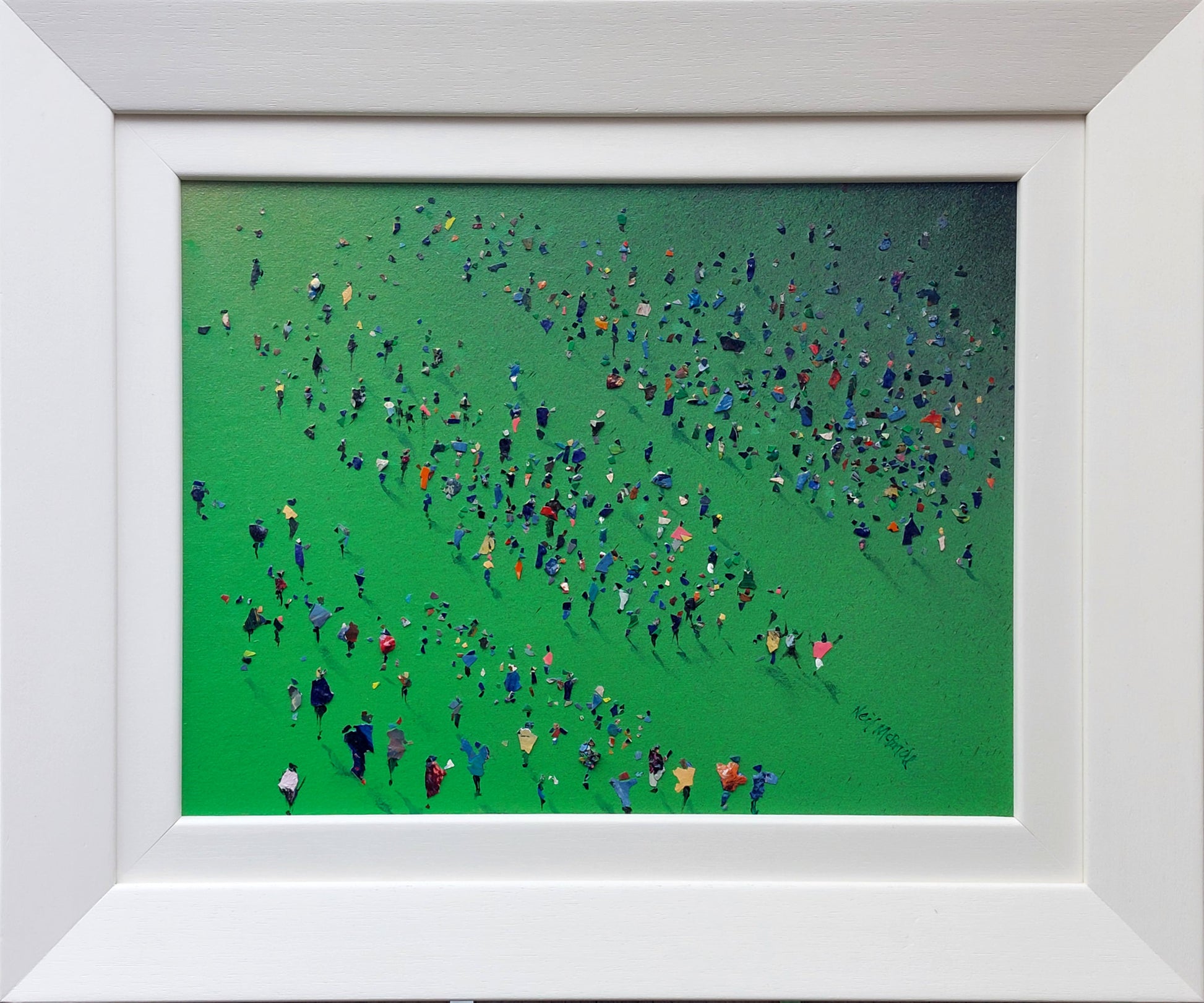 White framed abstract painting of a sports day crowd on grass. Running towards the finish.