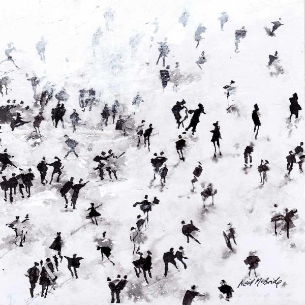 "Thawing" is an original painting of silliness frozen in the snow. Another  monochrome crowd painting from the studio of Neil McBride. © Neil McBride 2023