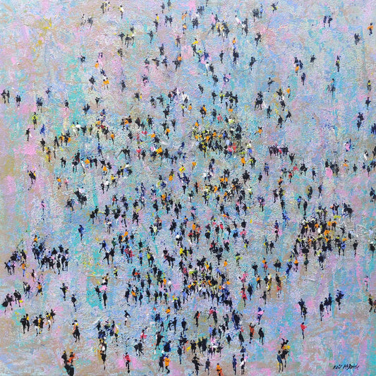 Crowds of people art on pink blue and green canvas for sale — Tickled Pink by Neil McBride Art