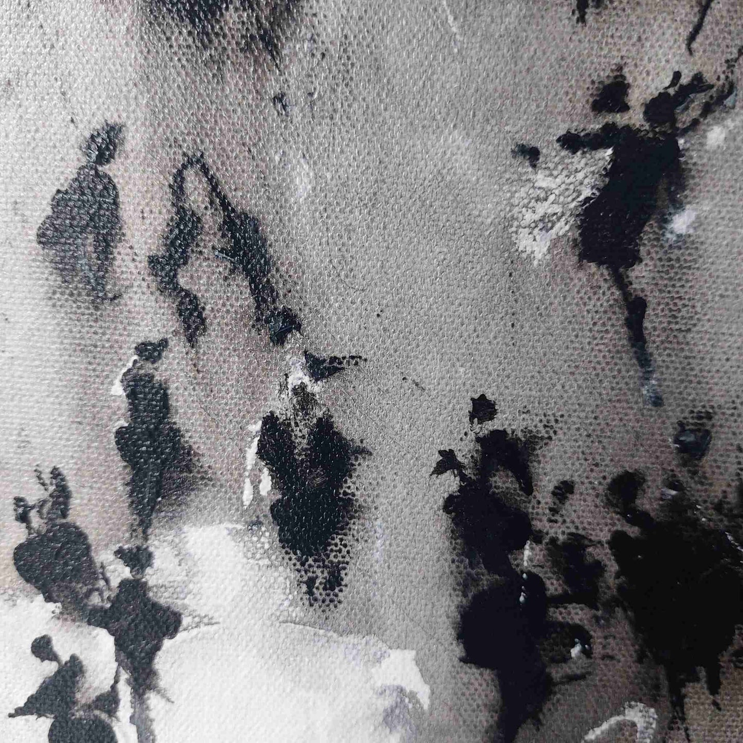 Detail of Abstract black and white painted figures on a textured canvas background. A Neil McBride Art original