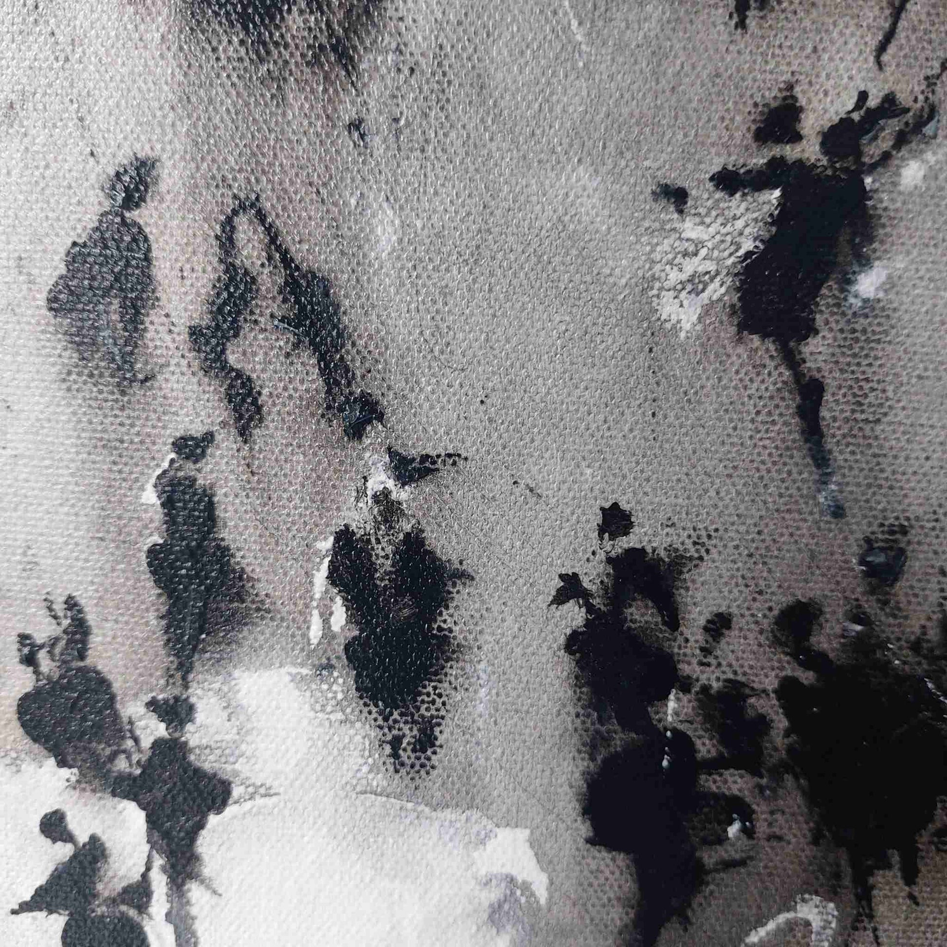 Detail of Abstract black and white painted figures on a textured canvas background. A Neil McBride Art original