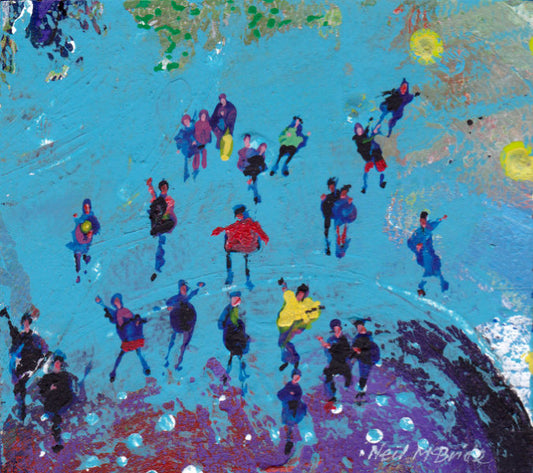 A guy in a yellow Gansey surrounded by friends on a colourful Guernsey beach. Miniture painting on board. © Neil McBride 2026