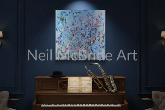 Kind of Blue painting above upright piano with jazz styling inspired by Miles Davis