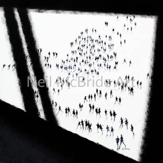 Kline Viewpoint. Art print on paper with a figurative art crowd of people framed by an abstract, architectonic window. © Neil McBride 2025
