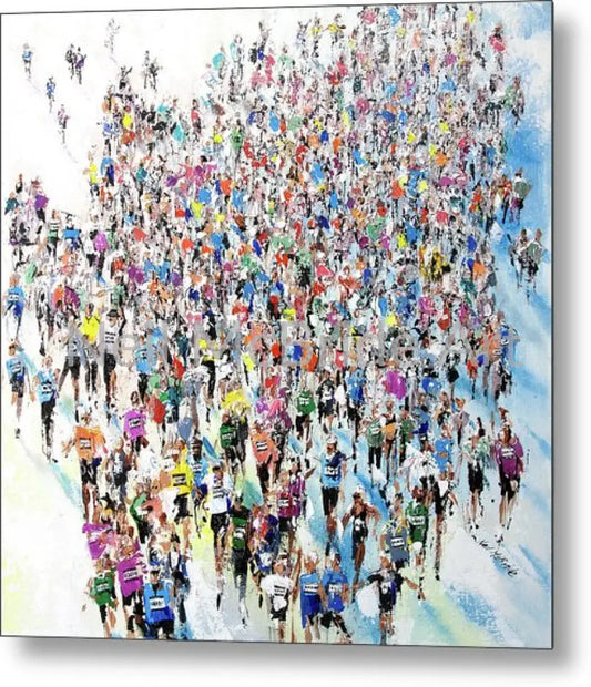 A colourful crowd of fun runners, fund raisers and professional athletes viewed from above during their marathon run.