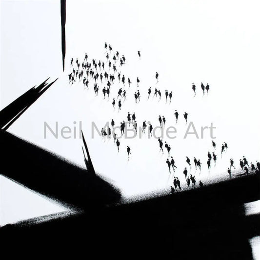 Muster Point. An expressive art print inspired by the abstract work of Franz Kline juxtaposed with a figurative crowd of people. Black on a white ground.