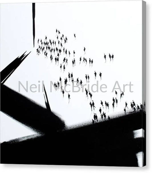 A canvas print with expressive architectonic black imagery juxtaposed with figurative crowd of people. All black on white.