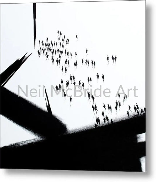 Muster Point is an alarmingly striking black on white architectural print on metal featuring expressive abstract brushwork combined with figurative crowd of people in the white background.