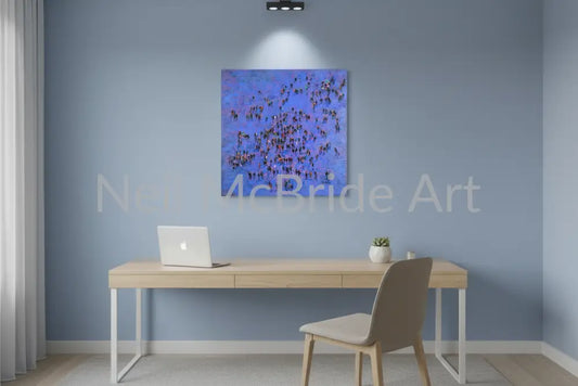 This compelling 61cm square painting features a thoughtfully composed crowd of non-binary individuals set against an evocative blue and pink background—a colour palette that playfully subverts traditional gender symbolism whilst reinforcing the painting's core message of equality.