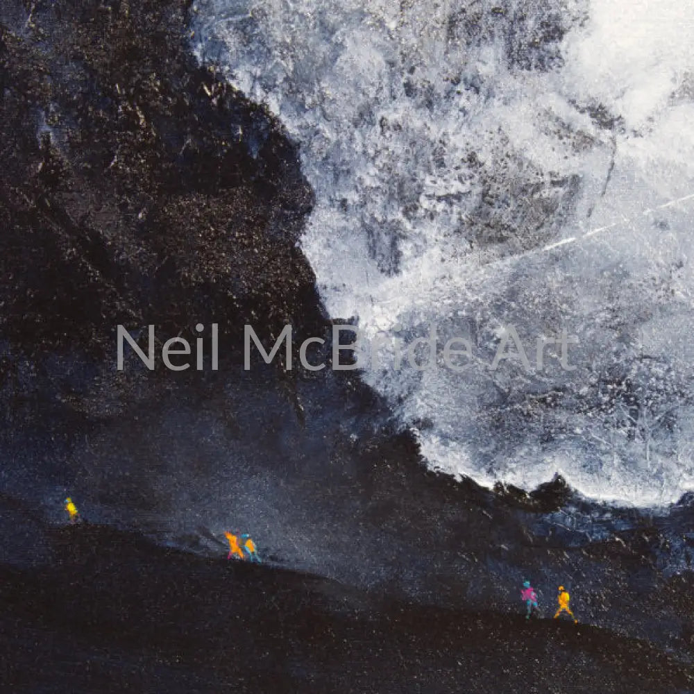 Detail of a sublime landscape painting in muted tones. Detail shows a group of five tiny, colourful figures traversing from right to left in the bottom left of the picture.