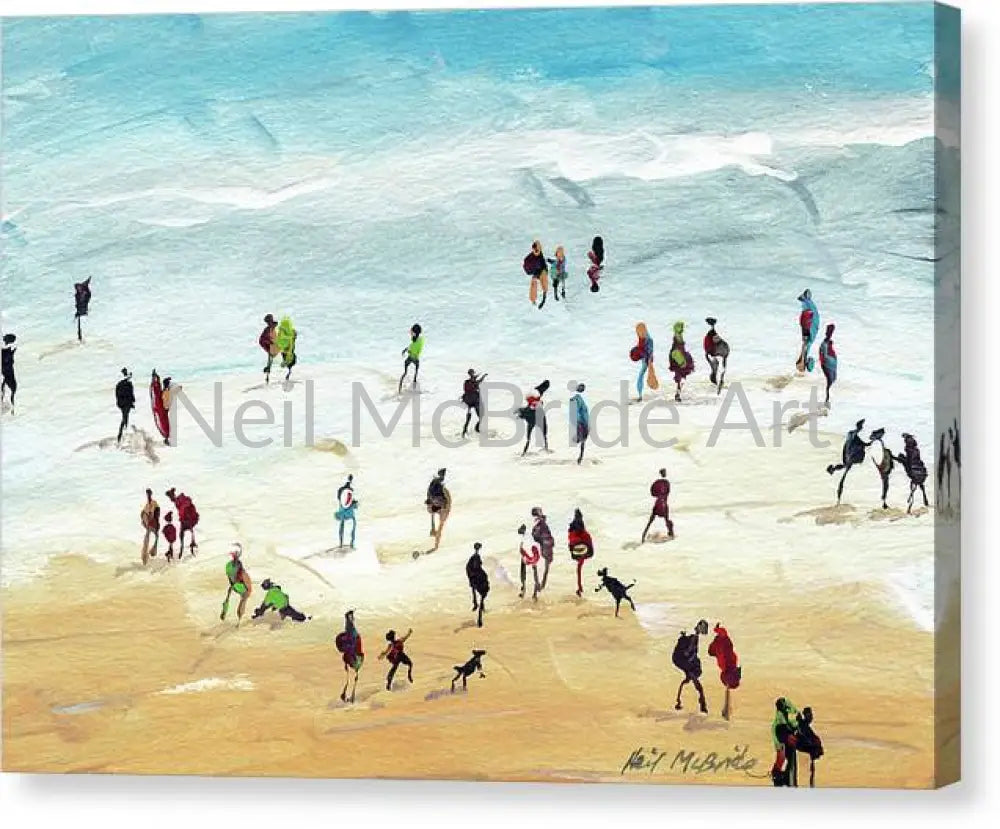 Sole surfer heading for the sea on this crowded beach . Captured on a canvas print. Copyright Neil McBride.