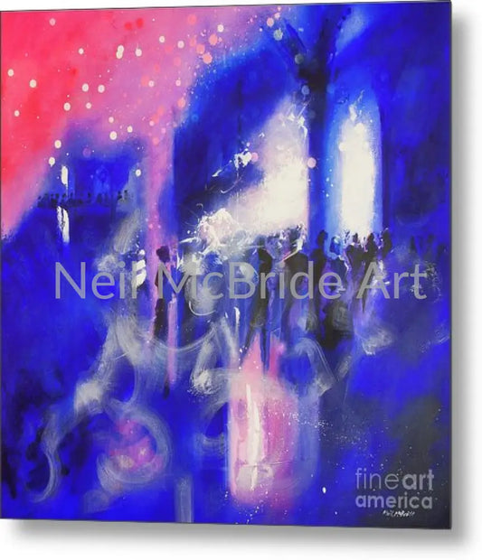 The Party is a pink and blue metal print from an original painting of a party in a gothic interior © Neil McBride 2019