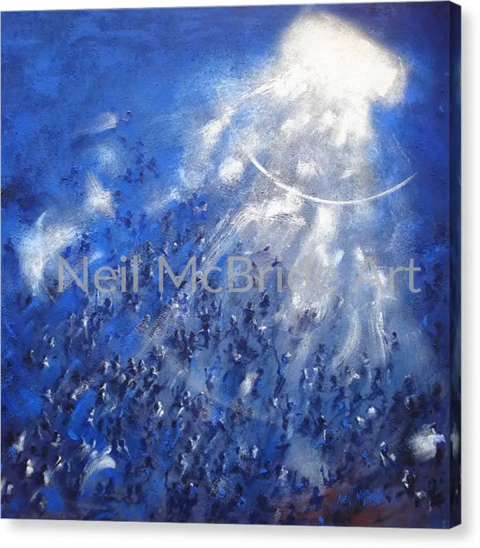 Trance crowd captured in the blue light of this artwork on a canvas art print © Neil McBride 2023