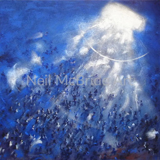 Trance art in blue with bright white light show on an art print © Neil McBride 2019