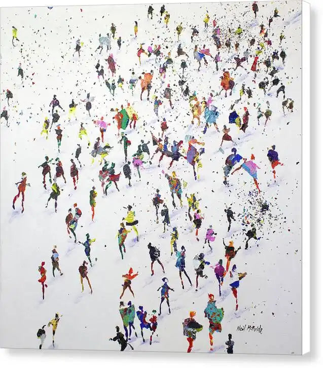 A vibrant painting of a crowd of figures.