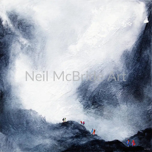 Walking Buddies traversing a mountain ridge. Art prints on paper reproduced from an original painting by Neil McBride.