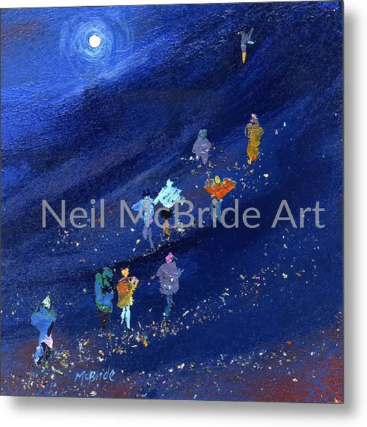 Walking the Three Peaks is a blue coloured landscape with a crowd of people printed on a metal plate © Neil McBride 2023