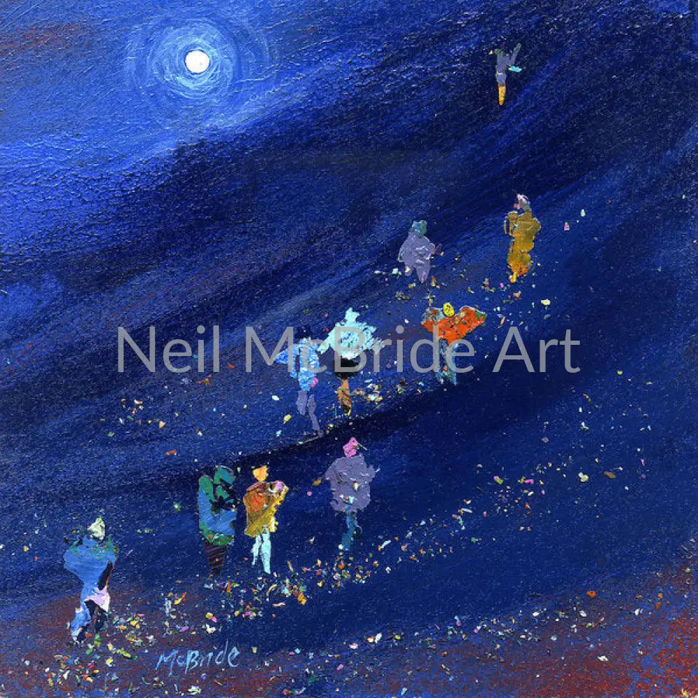 Walking art of the Three Peaks Challenge shows a crowd of walkers disappearing into the night © Neil McBride 2019
