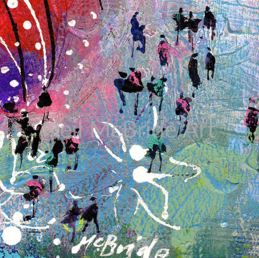 A crowd of people in a colourful garden landscape printed on paper  by Neil McBride