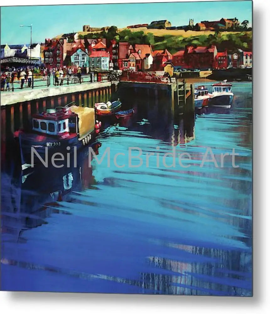 Metal print of Whitby New Quay on the Yorkshire coast from an original painting by Yorkshire artist Neil Mcbride. © Neil McBride 2023